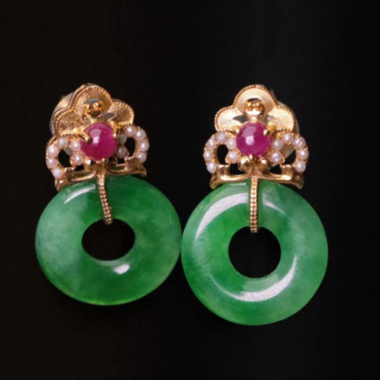 冰绿甜甜圈耳钉天然翡翠甜甜圈18k金伴镶红宝、珍珠