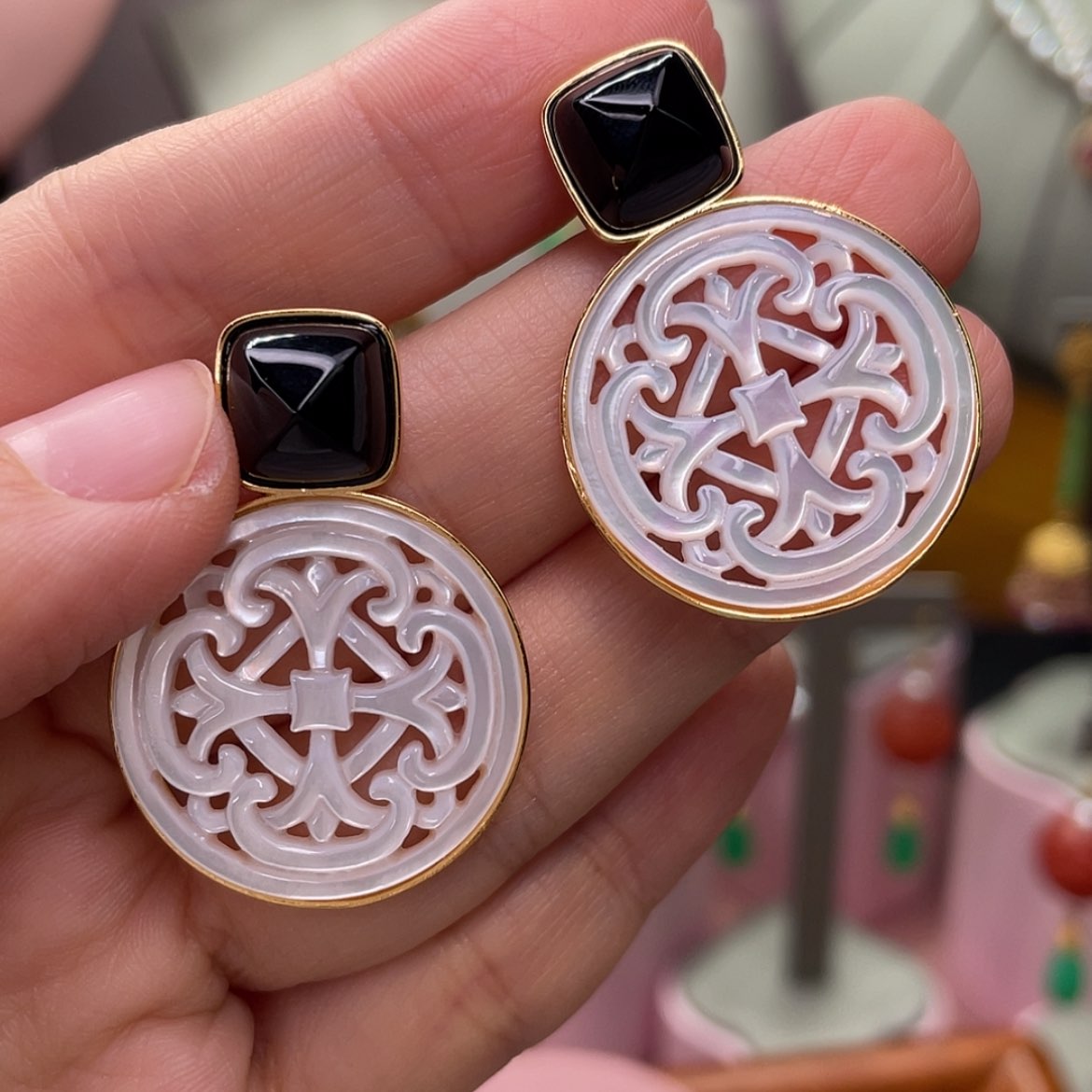 【闪购商品】玛瑙/玉髓耳钉银S925镀金镶嵌