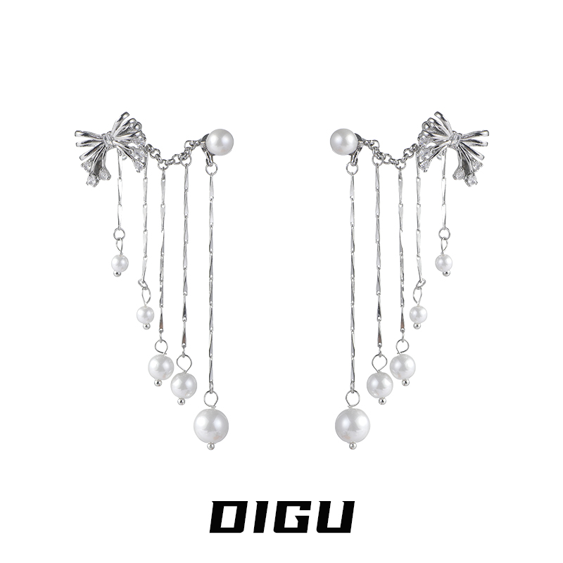 嘀咕家 铜合金耳饰 珠珠流苏耳环耳夹一体式蝴蝶结耳饰耳钉