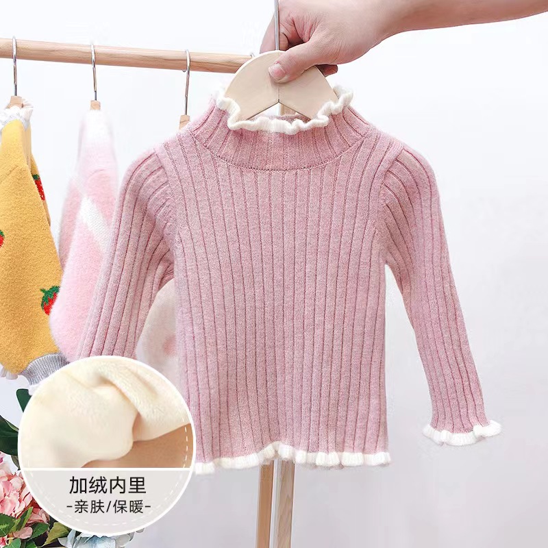 秋冬半高领冬季长袖套头毛衣加绒圆领韩版女纯色打底加厚洋气宝宝