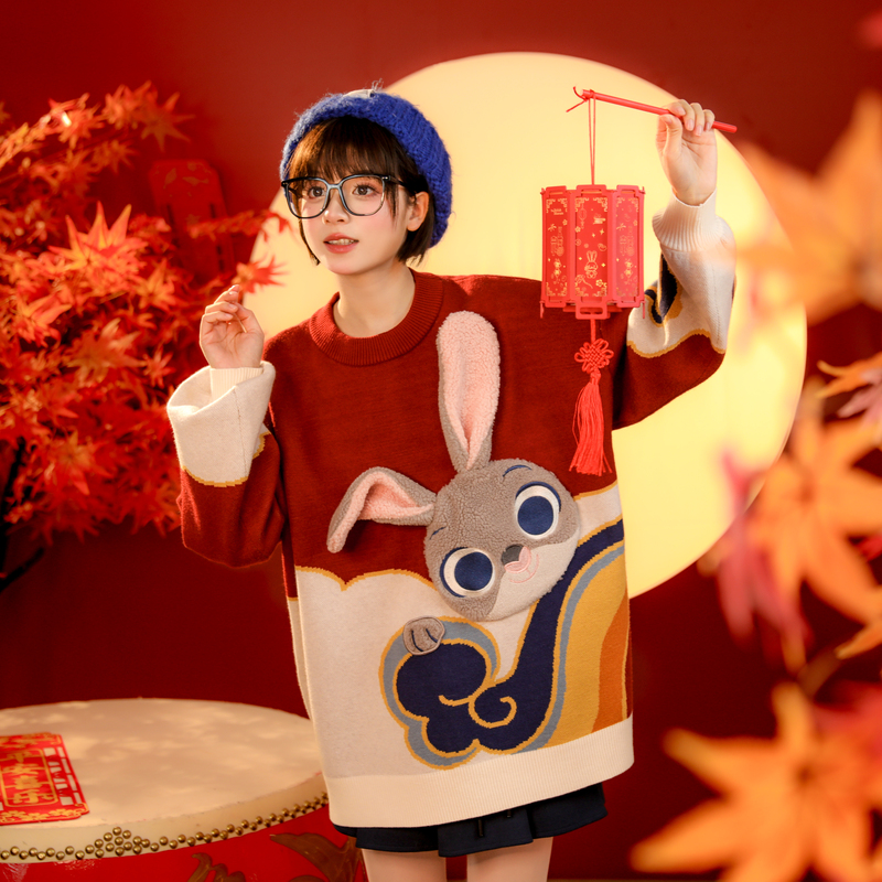 森女部落卡通情侣装新年氛围感毛衣内搭宽松撞色针织衫百搭