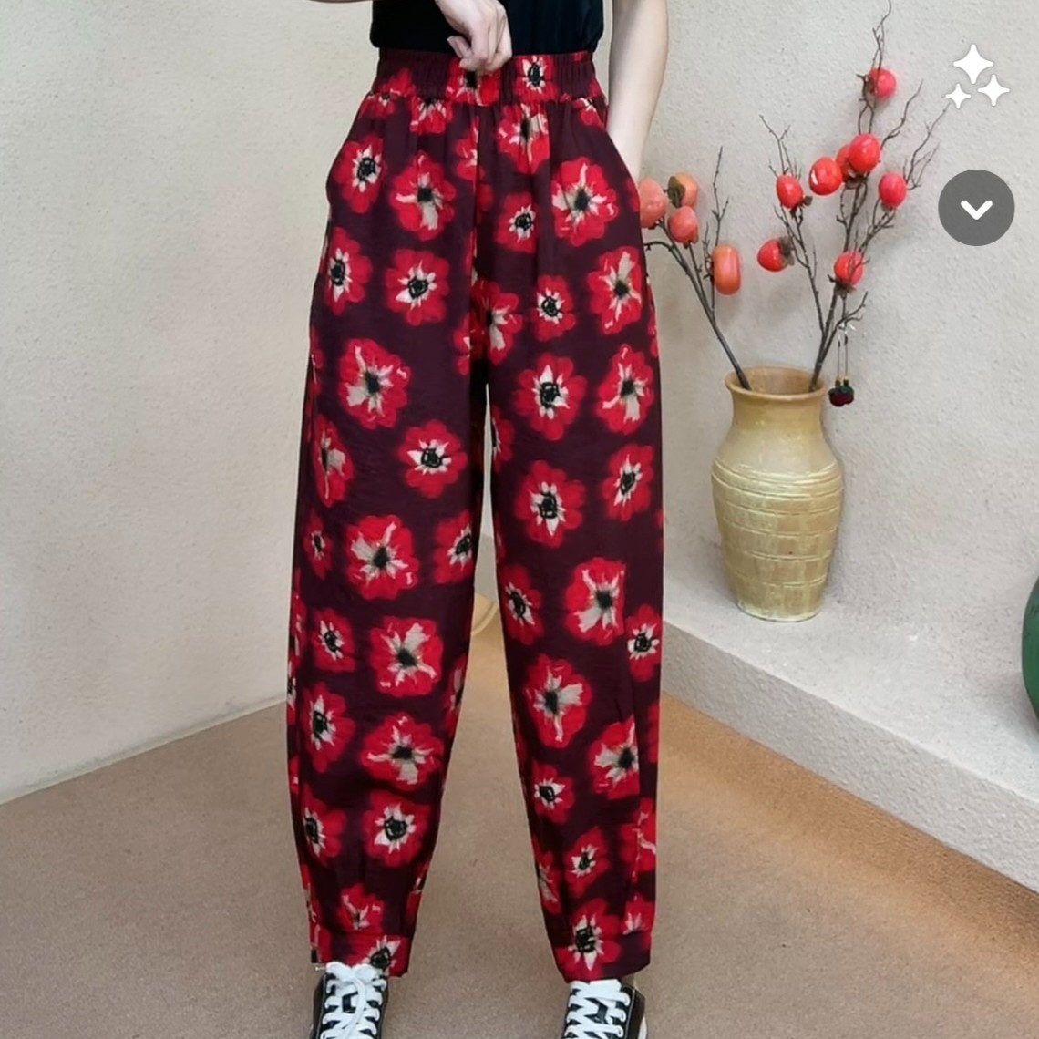 长裤九分哈伦宽松松紧腰洋气高腰显瘦老钱风松弛感女装阔腿红色