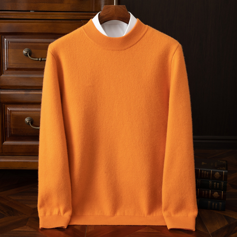 100%纯山羊绒衫男士空气层加厚长袖针织半高领纯色圆领秋冬套头衫