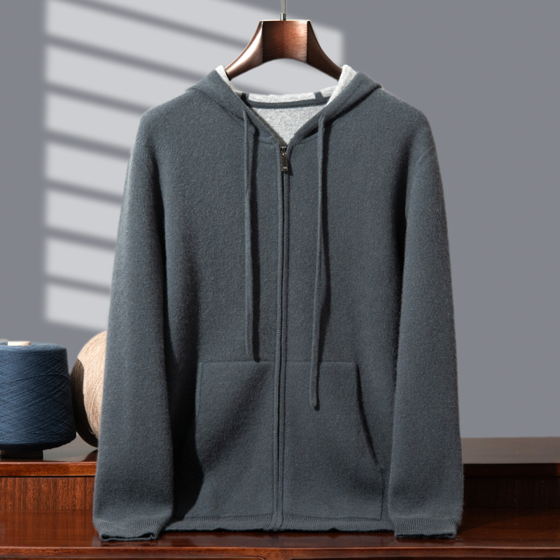 重磅空气层加厚连帽开衫外套100%纯山羊绒衫时尚休闲保暖开衫秋冬