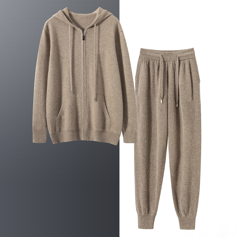 100%纯山羊绒衫男士连帽休闲套装春秋新款纯色百搭针织衫