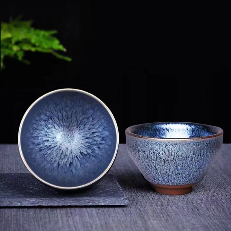 建盏 百花盏 茶杯茶盏主人杯菊花建盏禅定杯铁胎原矿黑瓷茶碗