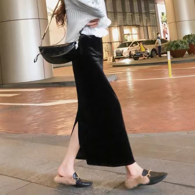 【两个裙长】优质金丝绒百搭裙春秋新款女装修身显瘦中长款半身裙
