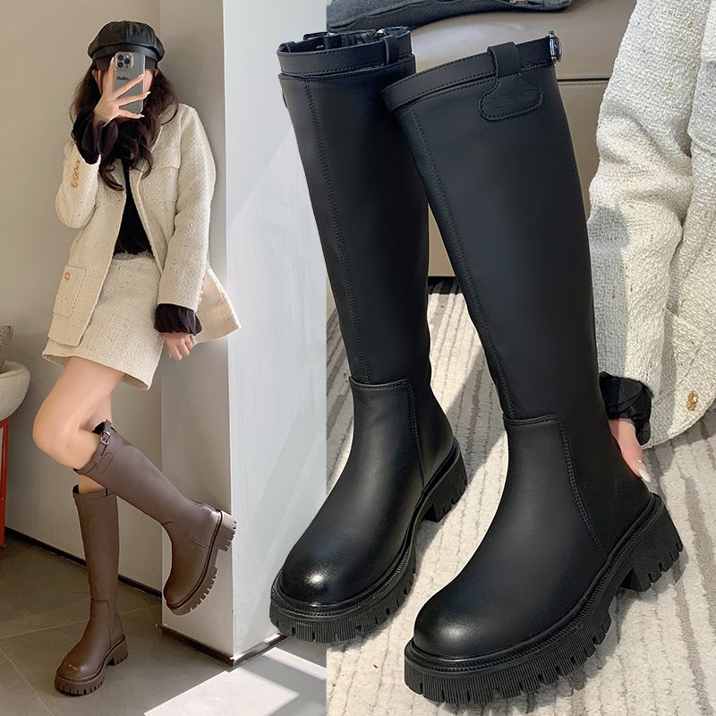 皮带扣加绒长筒骑士靴女秋冬款小个子粗跟显瘦高筒不过膝瘦瘦靴