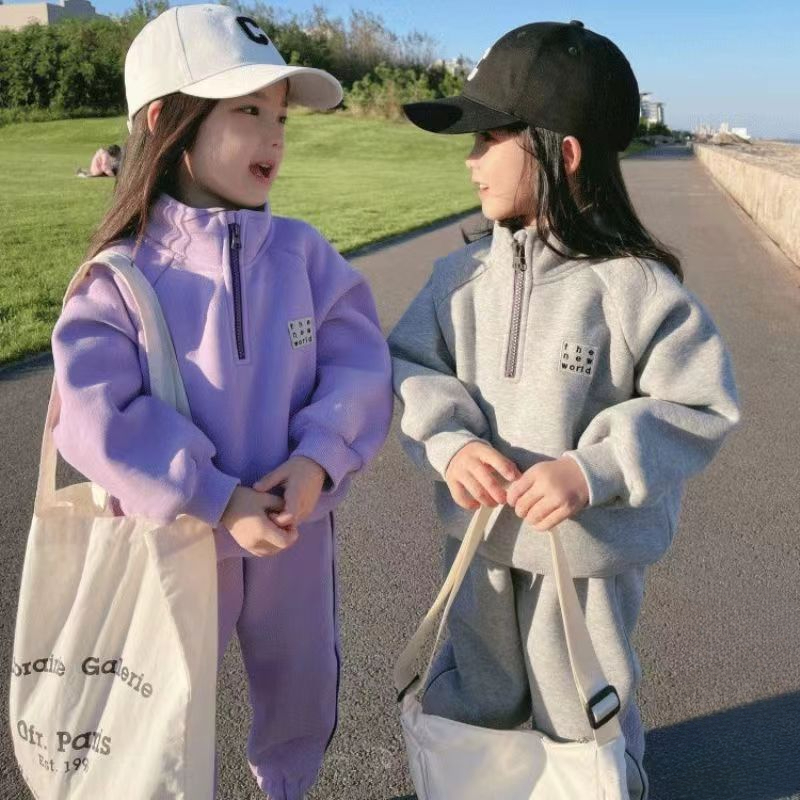 【冬季大促】女童加绒加厚半拉链卫衣套装2023秋冬新款中小童时髦