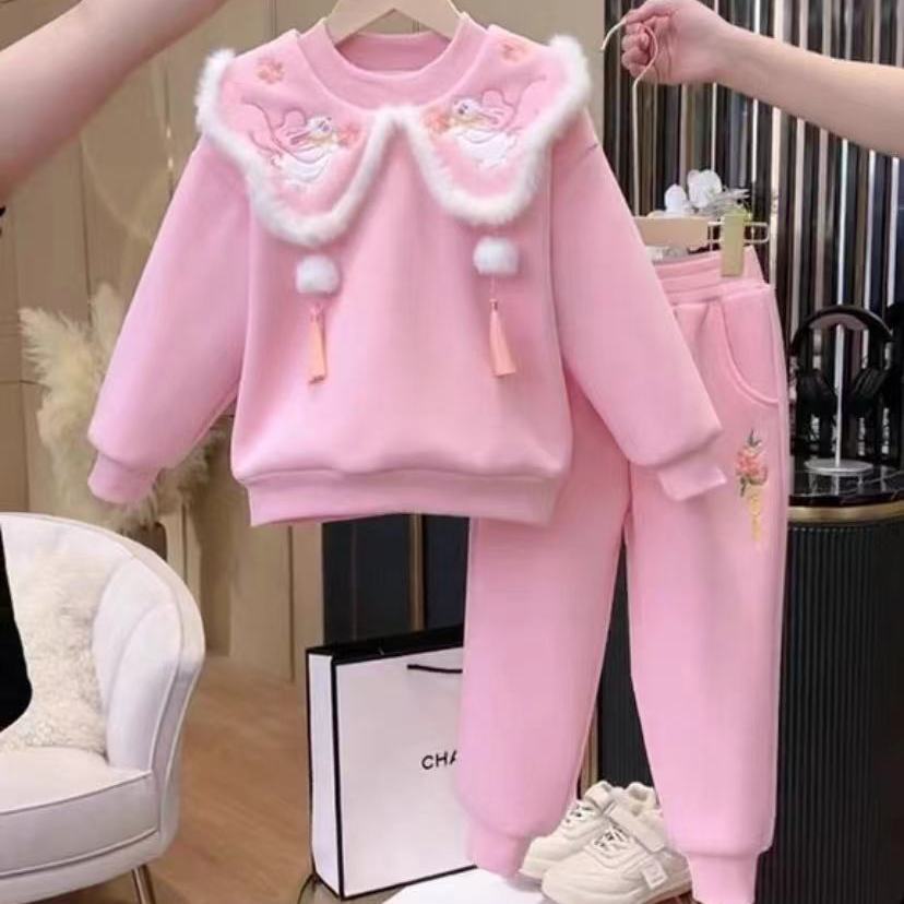 巴拉甄选女童刺绣加绒冬装套装2023新款兔年拜年服儿童装中国风喜