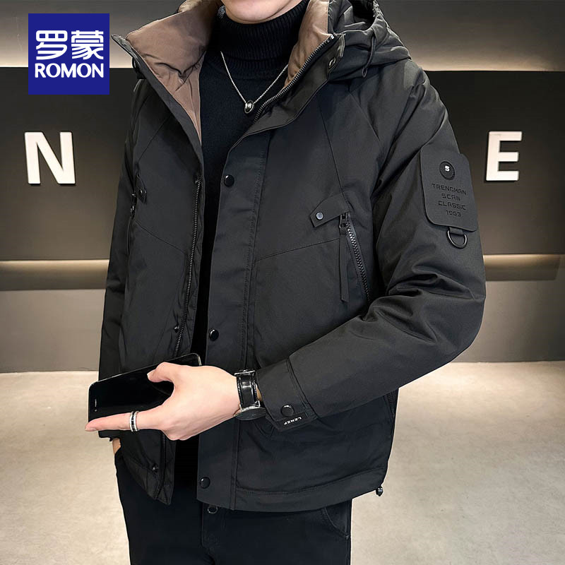 罗蒙冬季新款潮牌羽绒服男士短款纯色工装运动白鸭绒加厚保暖外套