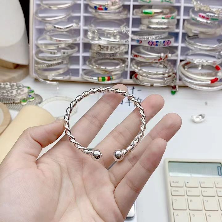 足银手镯 亮面麻花对珠手镯
