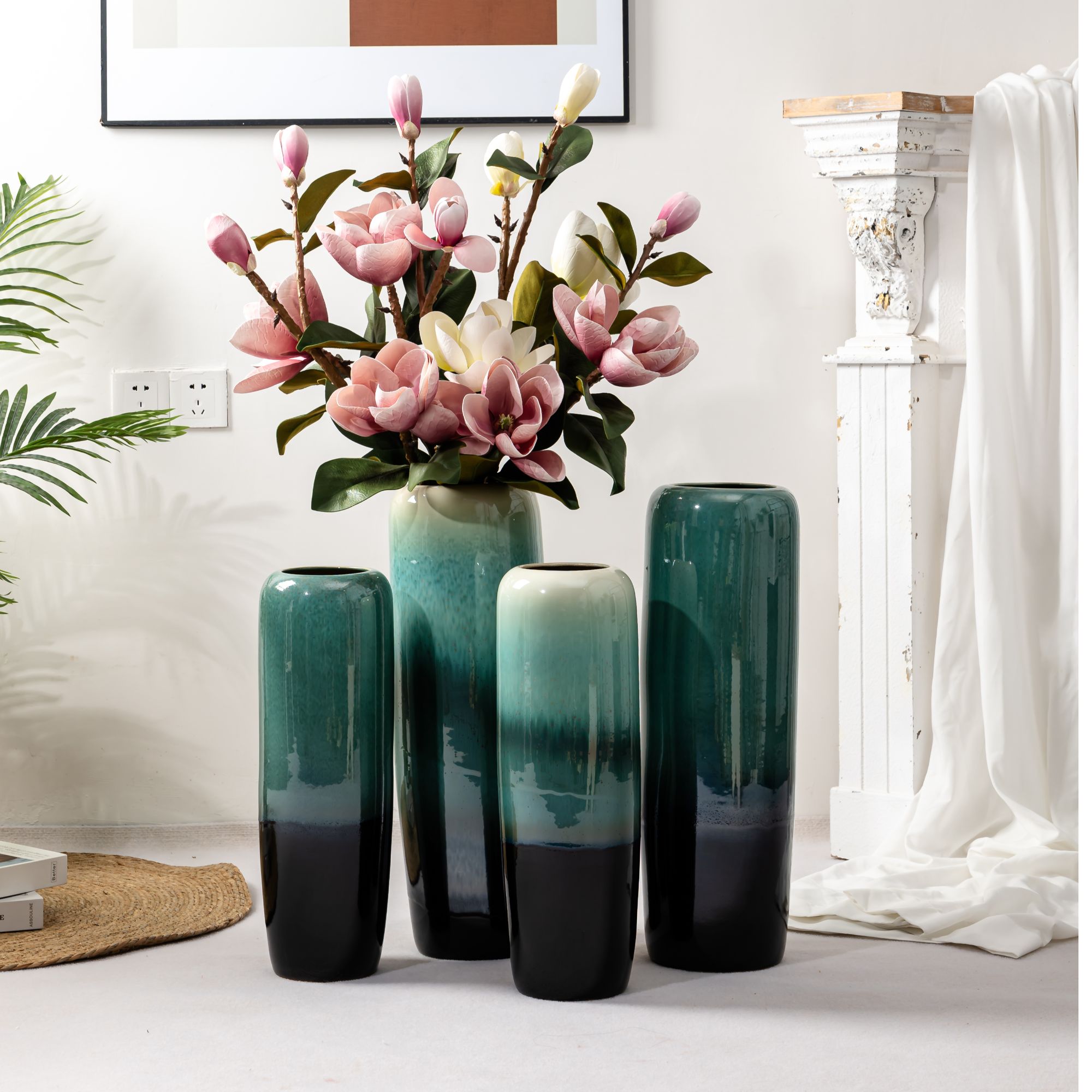 现代欧式风格大花瓶落地陶瓷家居摆件装饰品翡翠绿种九尾植物盆景