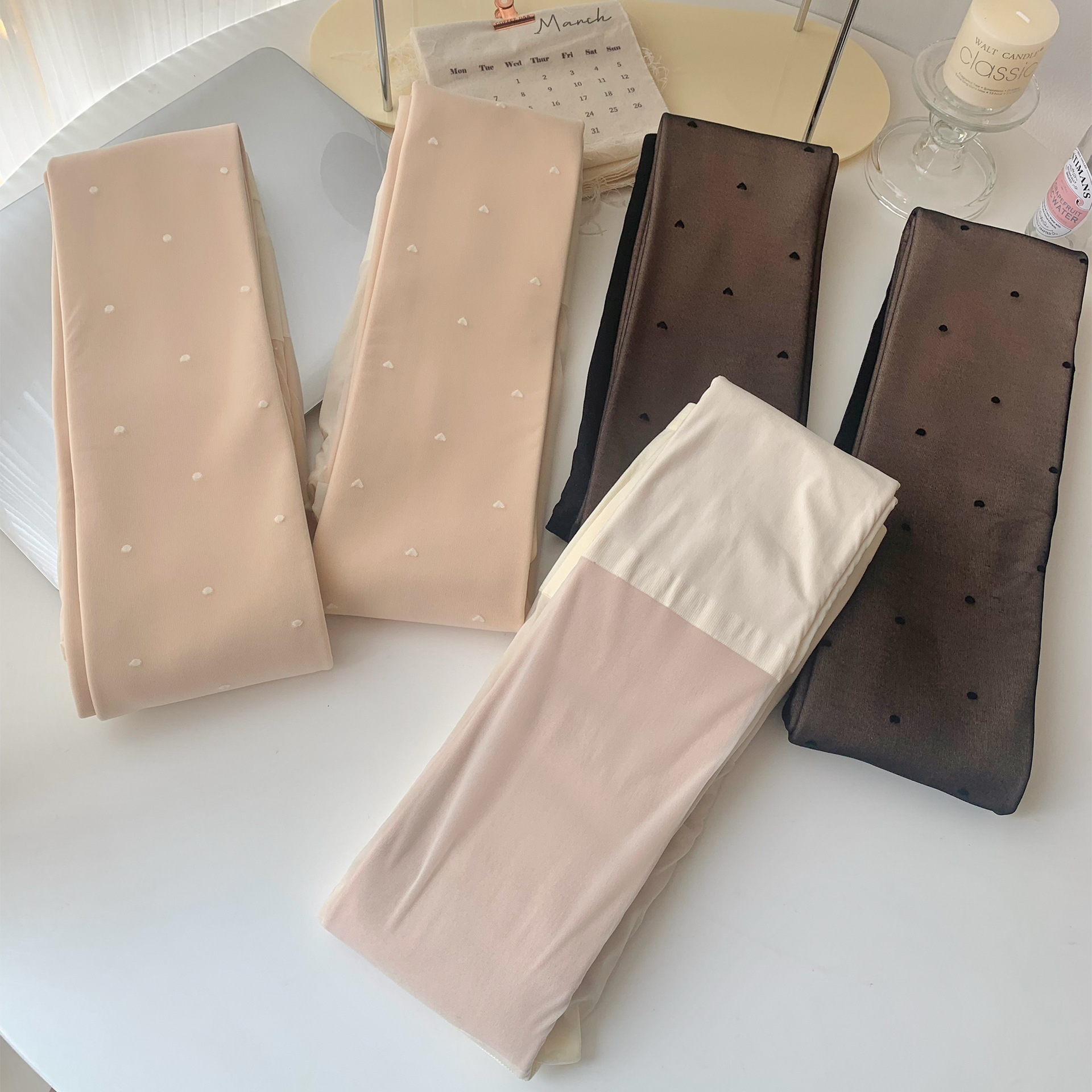 小野和子光腿神器女秋冬假透肉裸感双层加绒奶白色爱心圆点逼真打