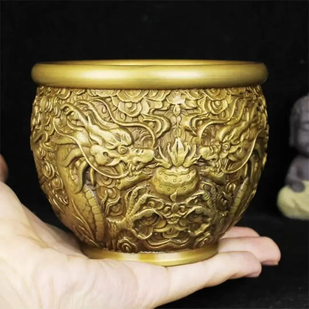 双龙戏珠铜缸摆件龙纹缸办公室烟灰缸聚宝缸送礼佳品家居摆件