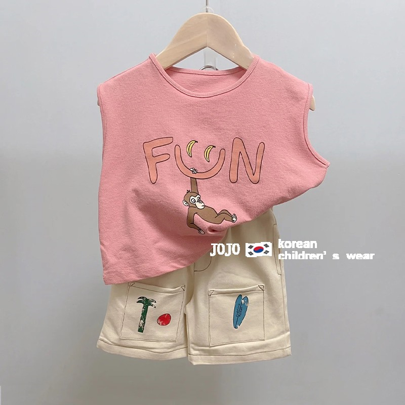 韩国童装男童粉色无袖T恤夏装新款儿童时髦洋气宝宝字母上衣夏季