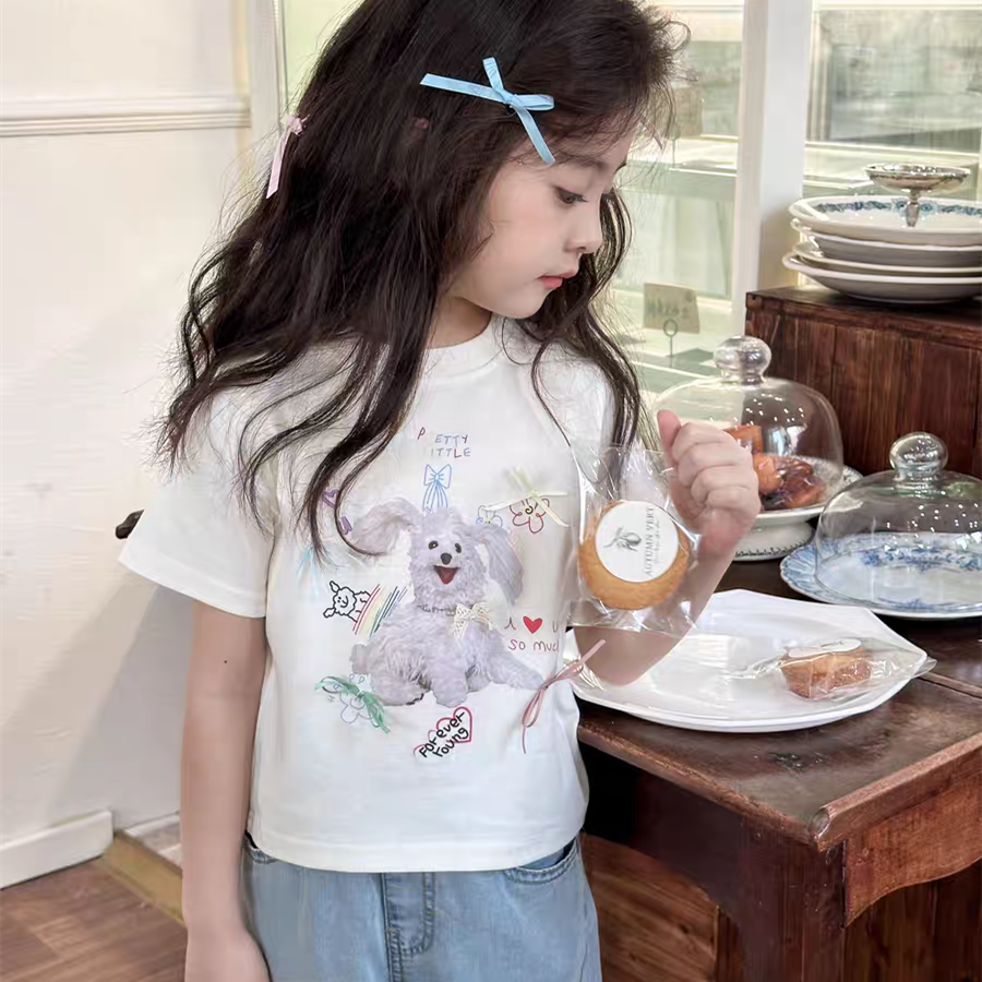 儿童白t恤洋气韩系夏季女童蝴蝶结小狗卡通短袖T恤女孩圆领上衣潮