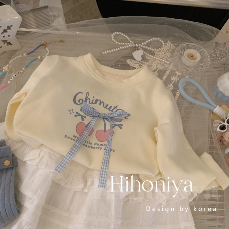 女宝秋季上衣甜美打底春秋长袖女童印花宝蝴蝶结版潮衫洋气百搭款