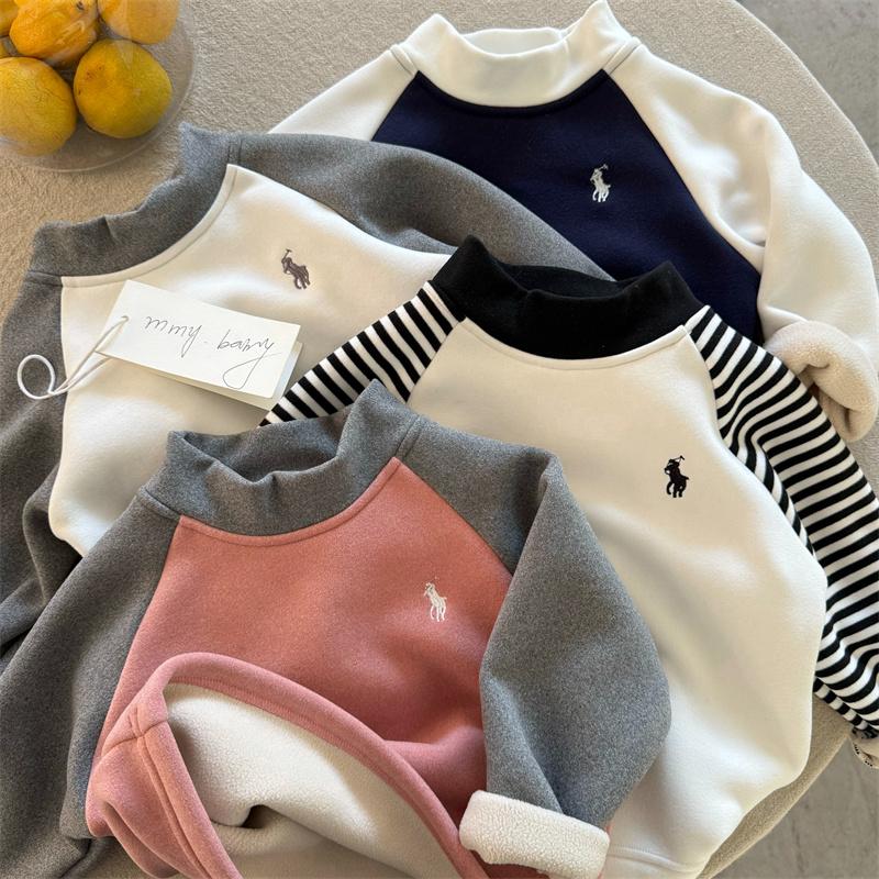 儿童加绒打底衫冬季男女童拼色插肩T恤宝宝半高领内搭绒衫秋冬款