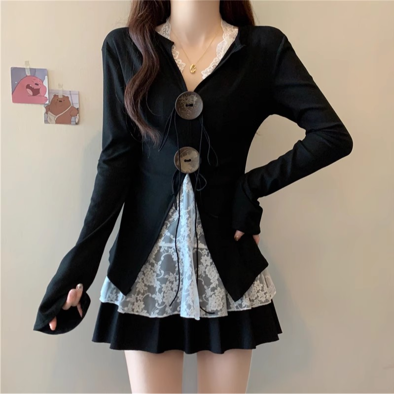 大码女装胖mm纯欲风V领长袖秋冬加绒上衣挂脖蕾丝吊带叠穿两件套