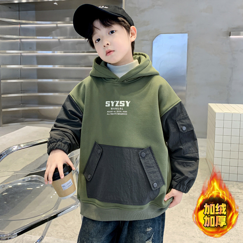 男童加绒加厚卫衣冬装2024新款中大童儿童秋冬款上衣冬季打底衫潮