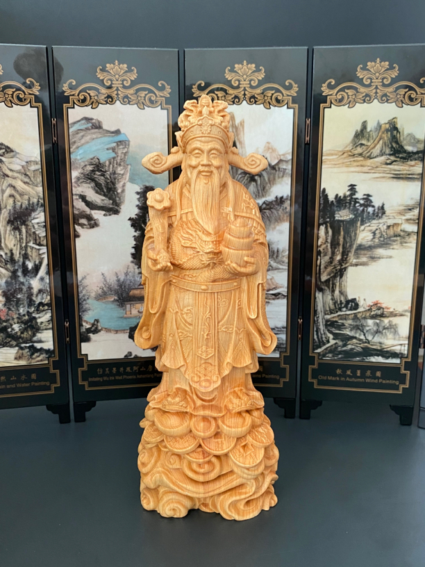 柏木财神爷木雕摆件如意元宝实木家用开业送礼工艺品高20