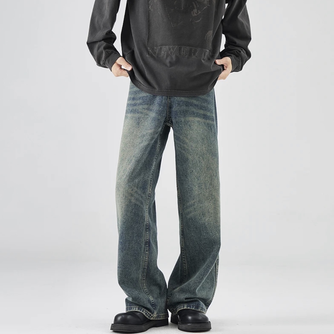 痞帅美式水洗做旧复古牛仔裤男女潮牌cleanfit宽松直筒拖地长裤子