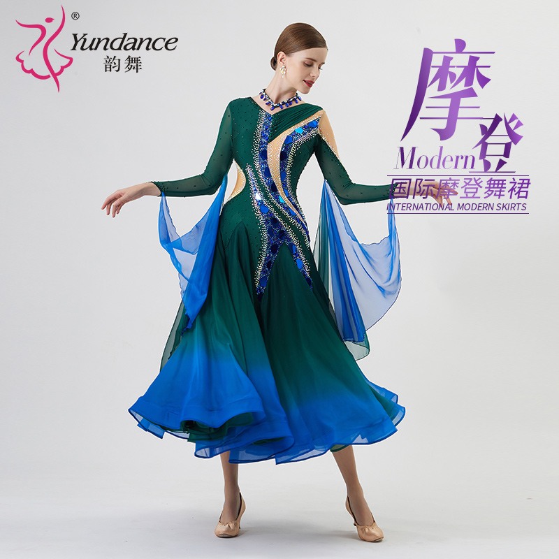 Yundance韵舞量身定制新款国标摩登舞蹈表演出比赛服装大摆连衣裙