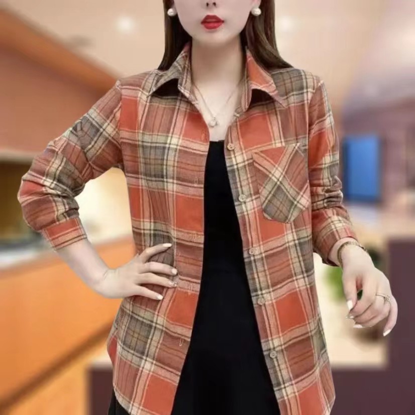 2025春秋新款修身时尚百搭长袖磨毛格子衬衫洋气显瘦休闲上衣