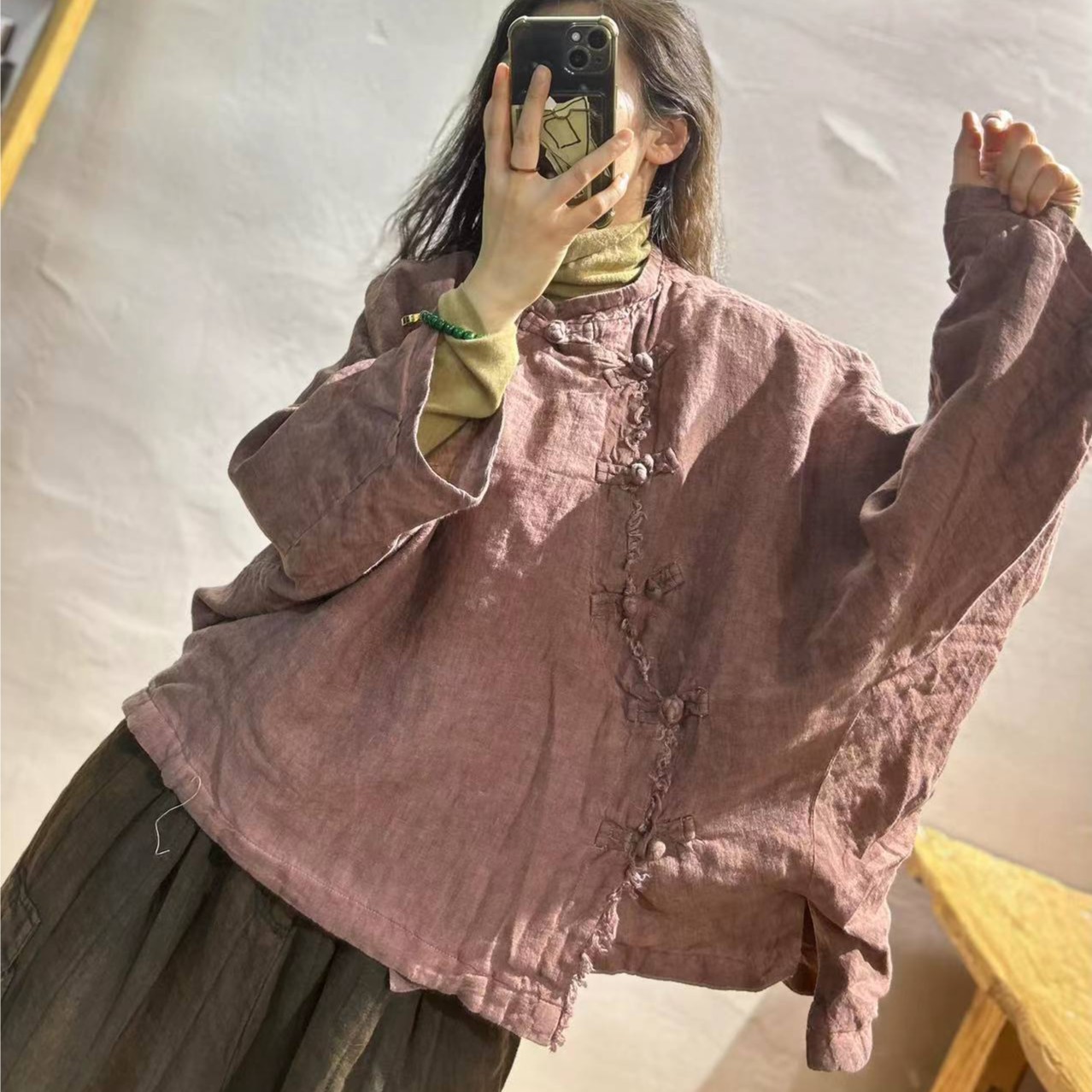 【半奏】冬季新款复古百搭砂洗亚麻脏染做旧盘扣 胸围160衣长65