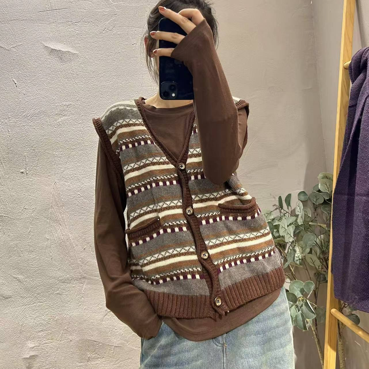 秋季新款 针织条纹撞色系扣文艺风马甲 平铺胸围108长54 穿130斤