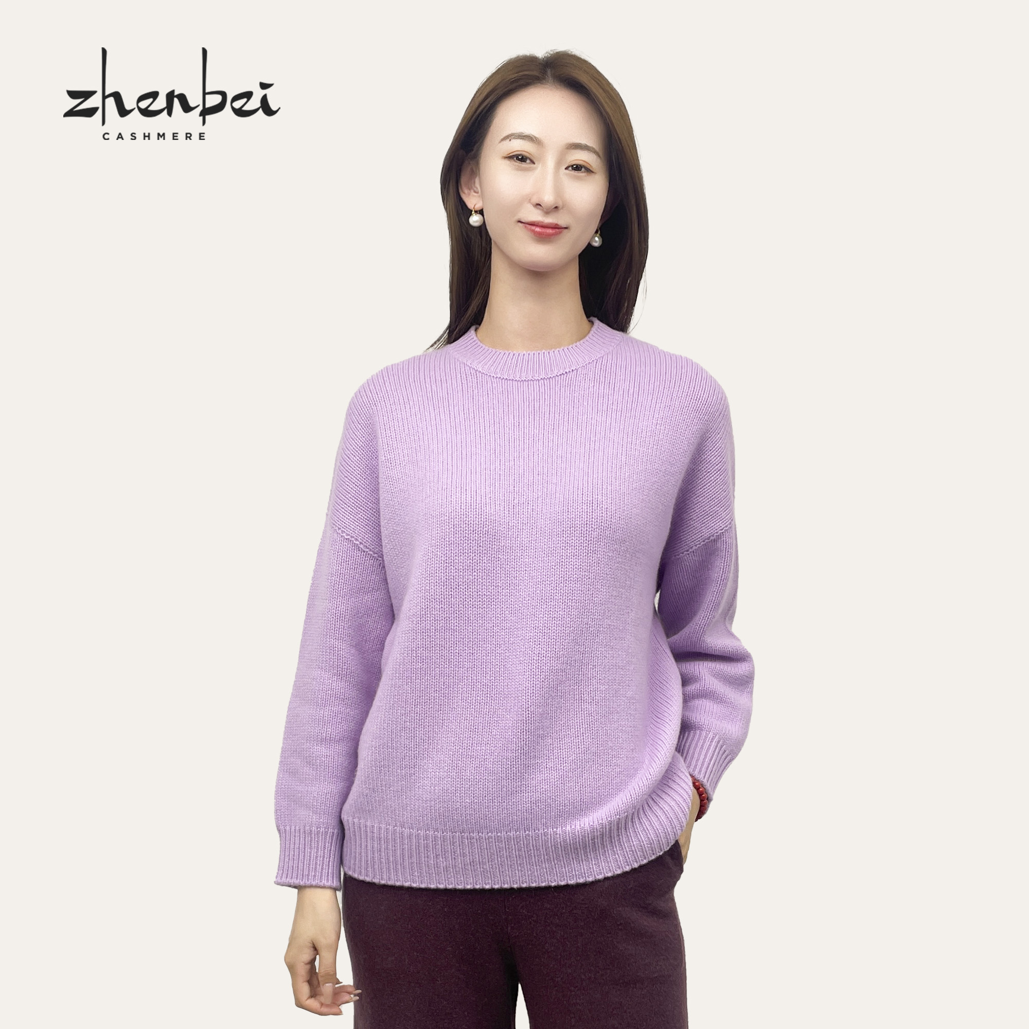 ZB/珍贝商场同款新品秋冬圆领纯色休闲长袖落肩羊绒女衫/H91087