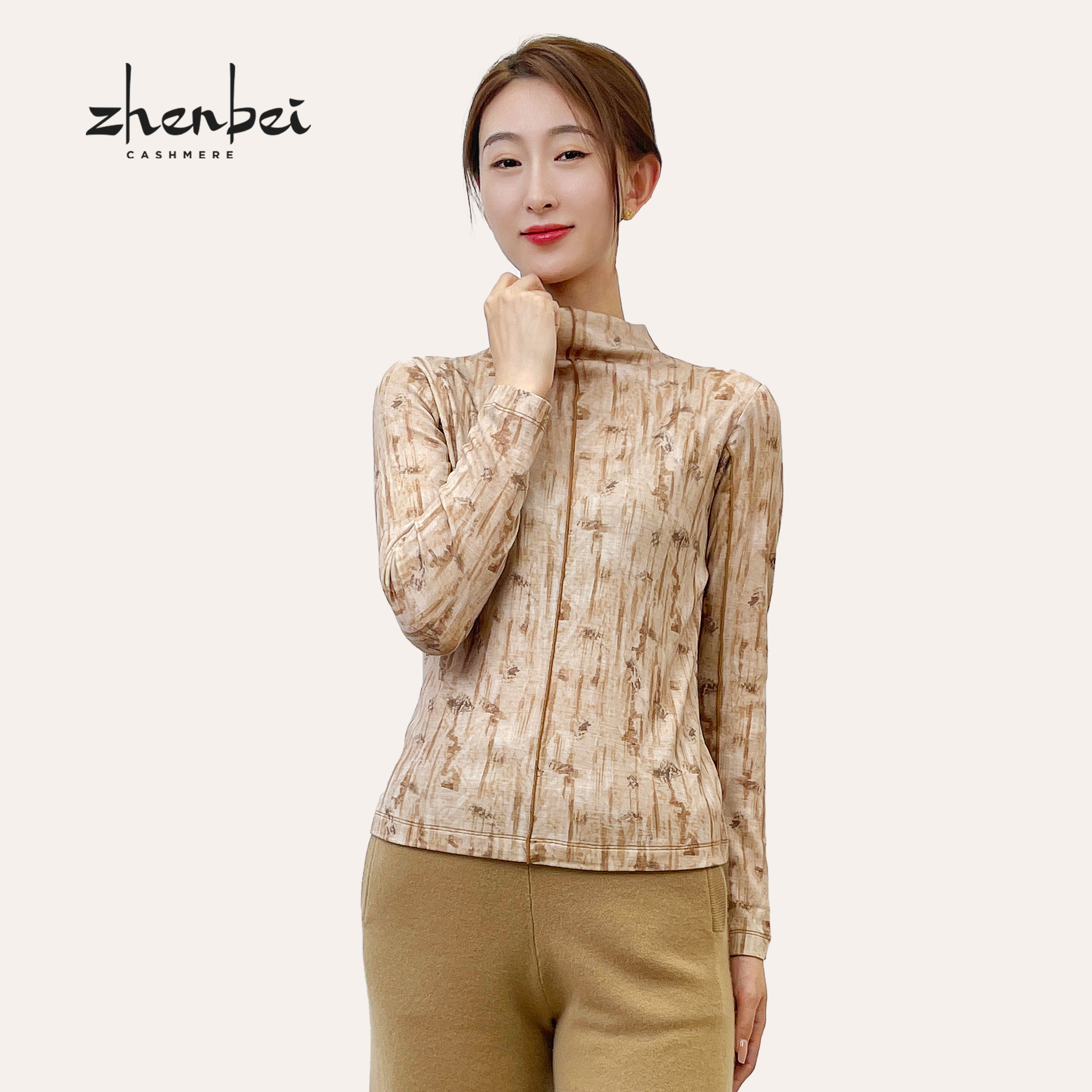 ZB/珍贝商场同款优雅温婉艺术印花气质中领羊毛衫/37307