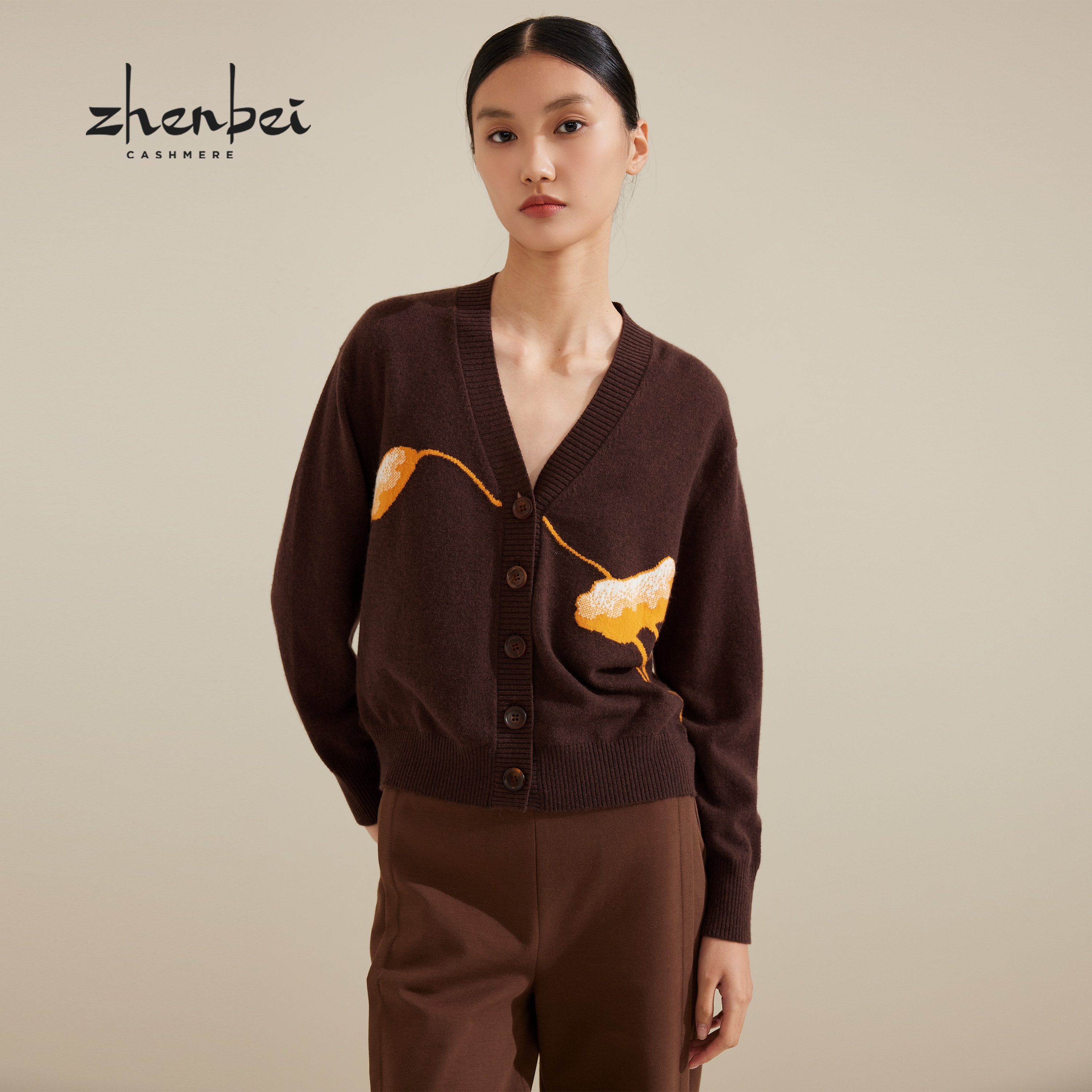 ZB/珍贝商场同款新品V领嵌花女开衫/56202-1