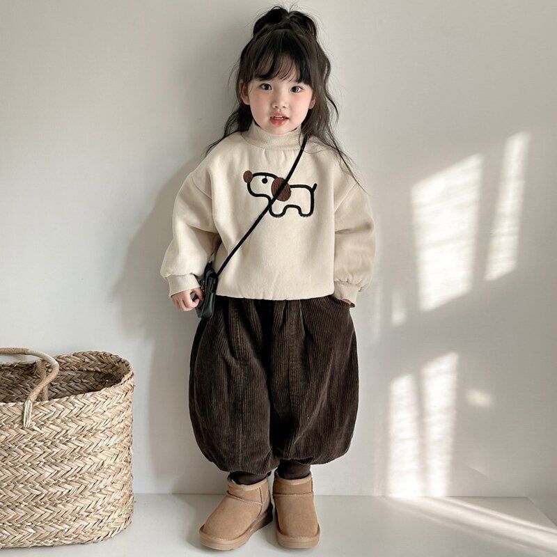 儿童冬款套装韩版男女童宝宝百搭加绒加厚洋气刺绣上衣儿童束脚裤