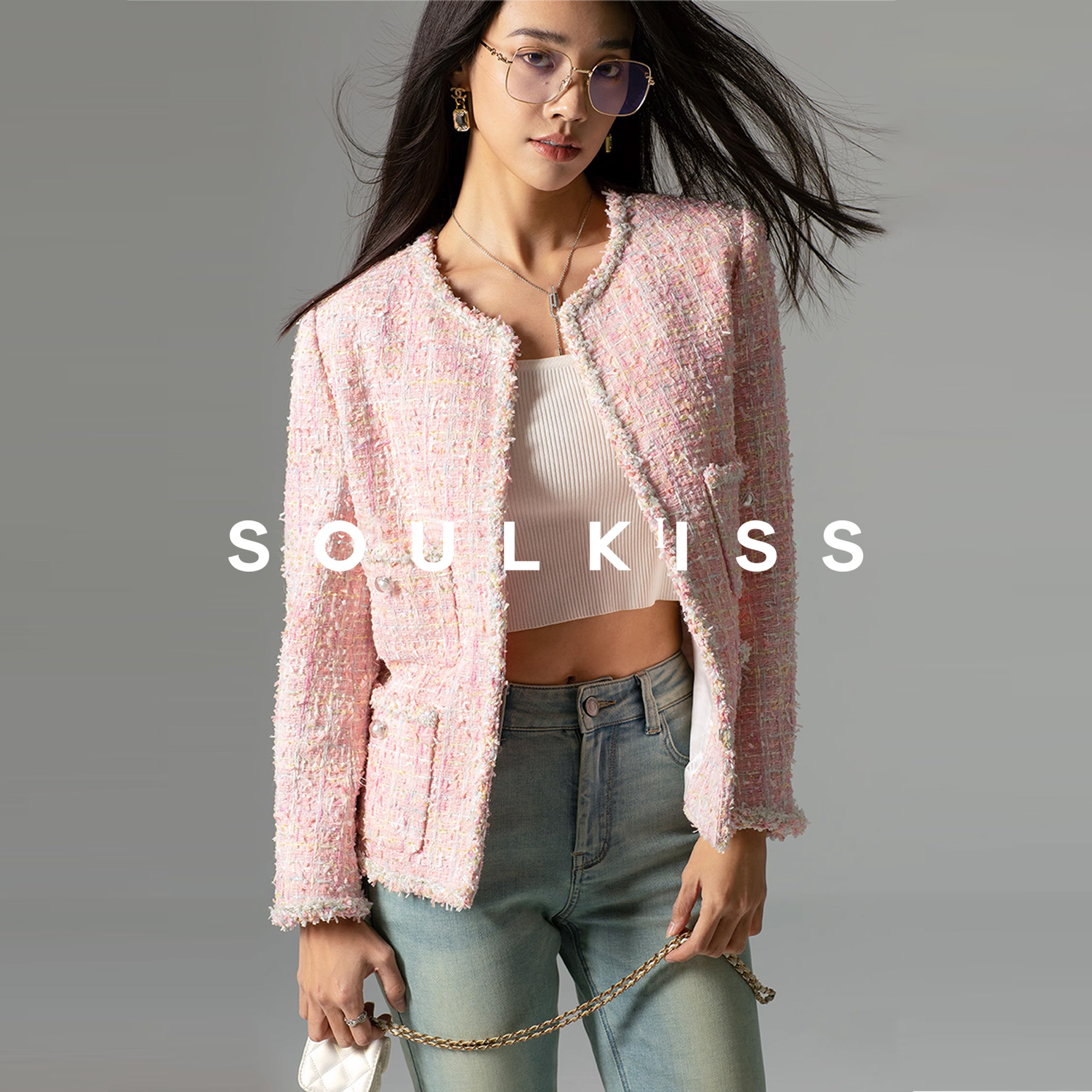 SOULKISS布达佩斯_童话感混色Mohair羊毛春秋箱型小香风外套短款