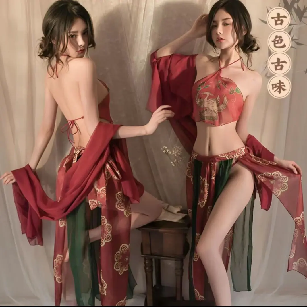 汉服情调内衣大码性感美背情调微透刺激制服睡衣套装纯欲镂空睡裙