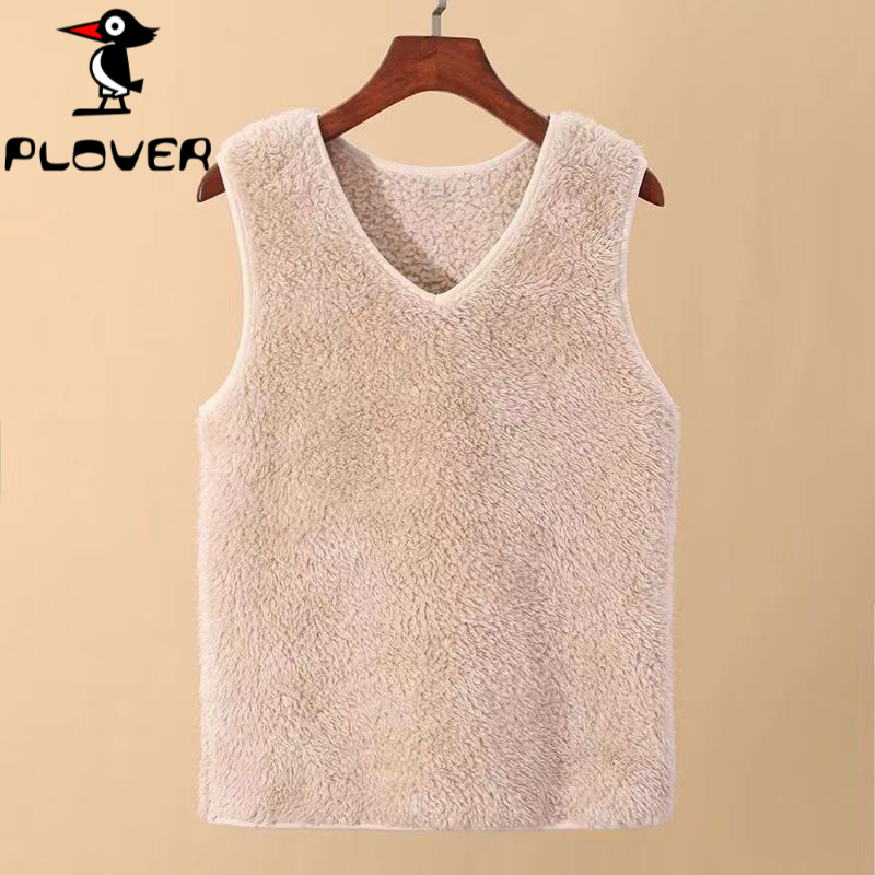 琢木鳥加绒加厚羊羔绒保暖背心女V领宽肩无袖打底马夹内搭冬防寒