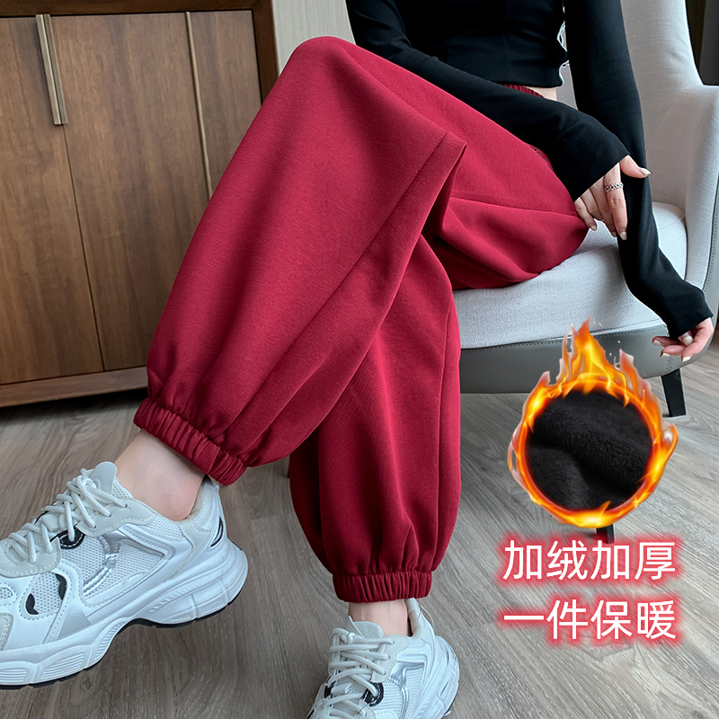 春秋冬季加绒刺绣纯色束脚运动裤女高腰显瘦哈伦裤小个子休闲卫裤