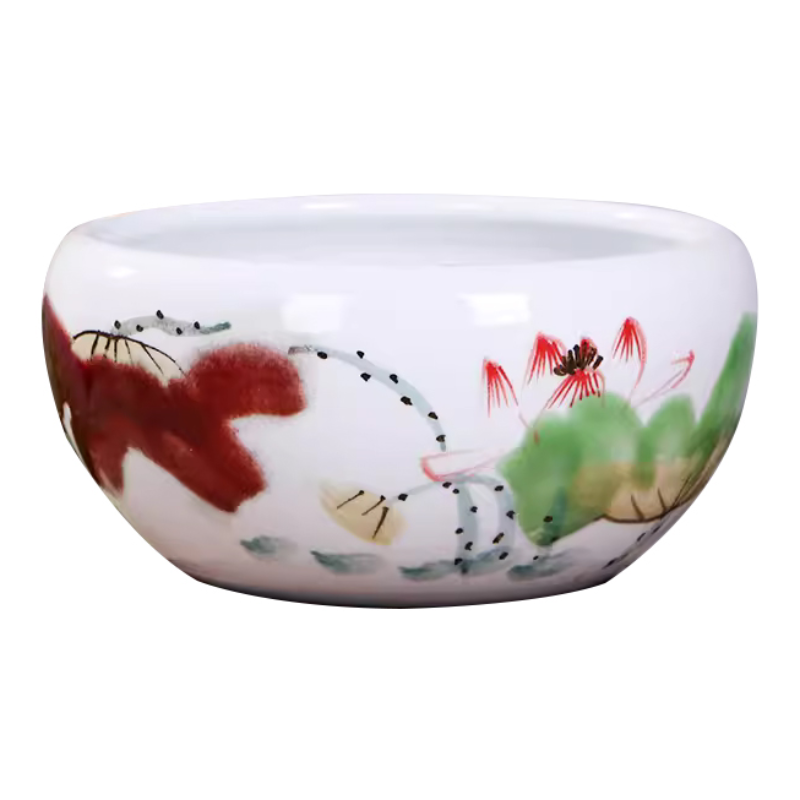 《郎红秋韵41*18 cm》 景德镇陶瓷缸摆件中式荷花养金鱼乌龟手绘