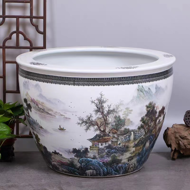 《烟雨江南60*43cm》景德镇陶瓷鱼缸摆件庭院景观直径60高度43