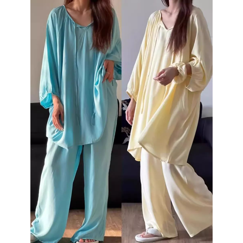 绵绸睡衣女夏季新款少女高级感简约纯色长袖长裤家居服睡衣推荐