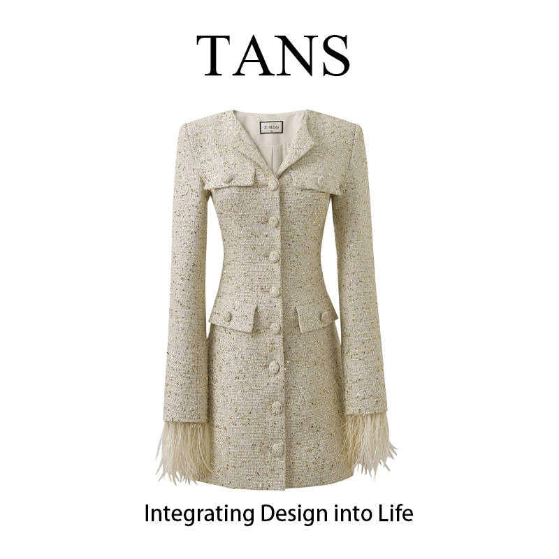 现货 TANS【秋季新品】法式白色小香风连衣裙轻奢设计感气质短裙