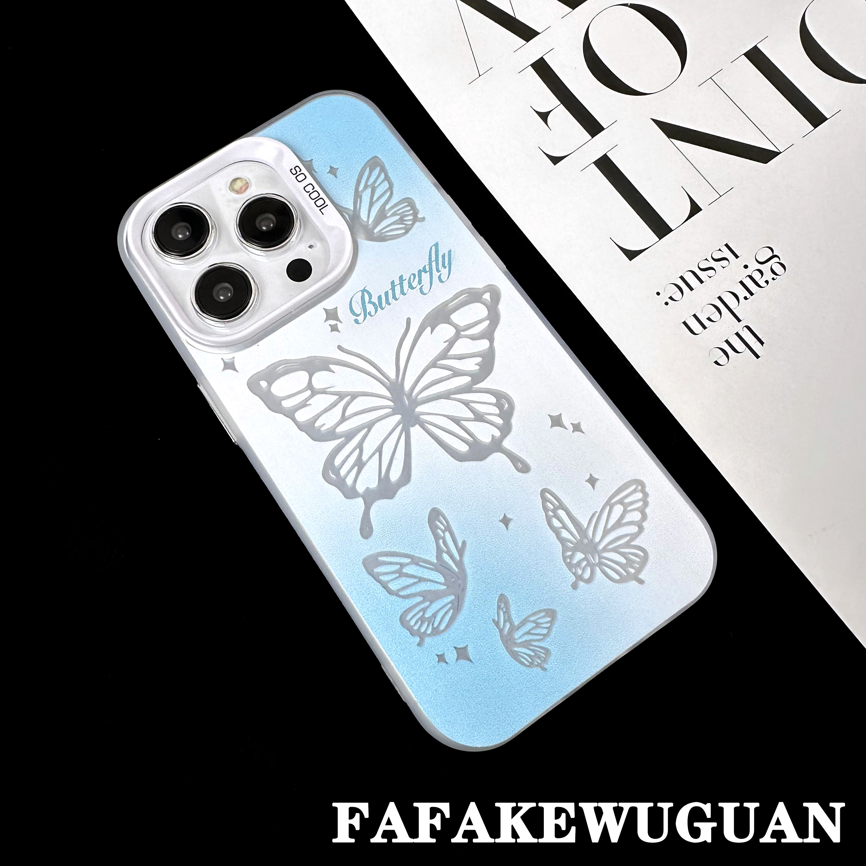 适用苹果15INS可爱彩银蝴蝶彩银银色手机壳iphone15pro/14pro防摔