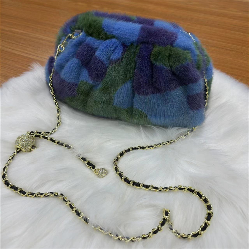 秋冬新款水貂毛褶皱云朵包水貂毛毛女包云朵包时尚毛绒包手提斜挎