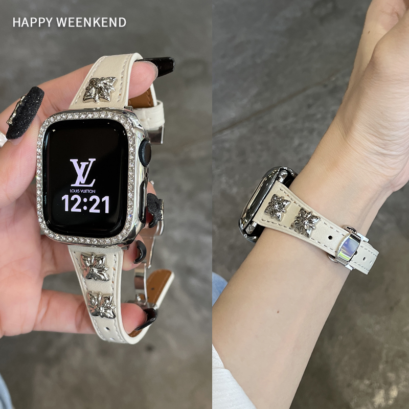 女款铆钉真皮蝴蝶扣表带适用于iwatchS11S10S9S8S765代苹果手表带