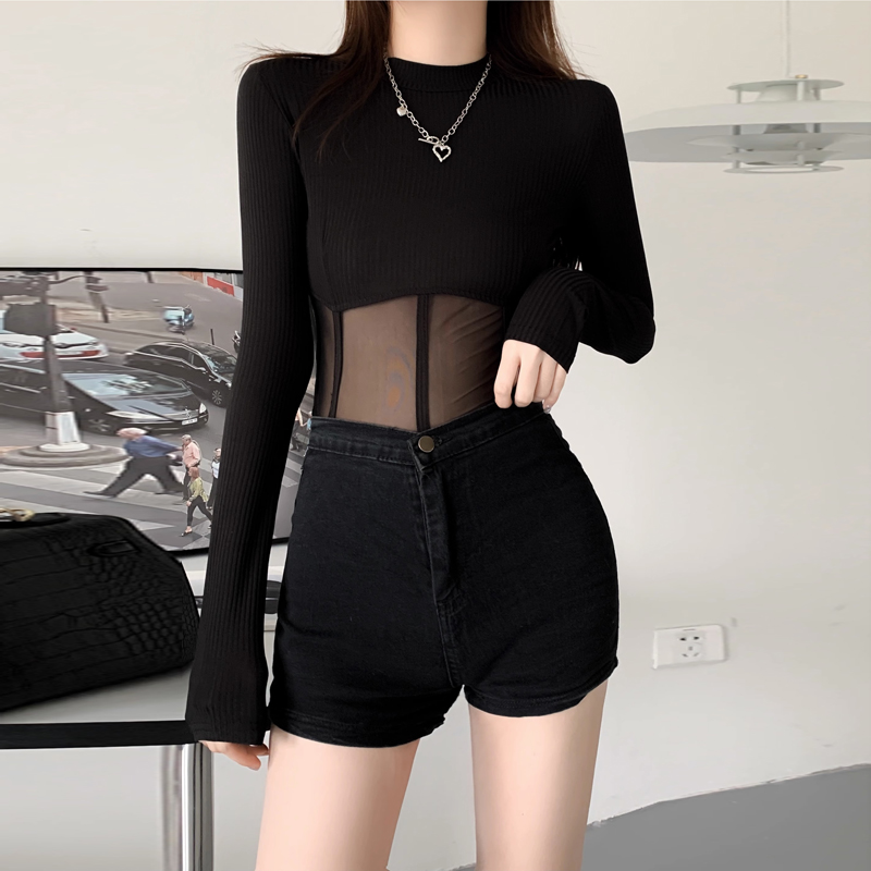 性感纯欲辣妹欧美穿搭黑色内搭紧身打底衫女春秋鱼骨收腰短款上衣