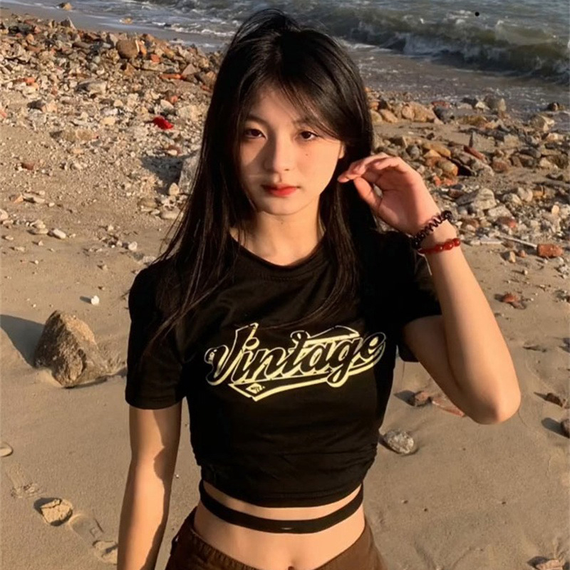 美式甜辣妹短款露脐绑带T恤女秋修身显瘦别致小众设计感短袖上衣
