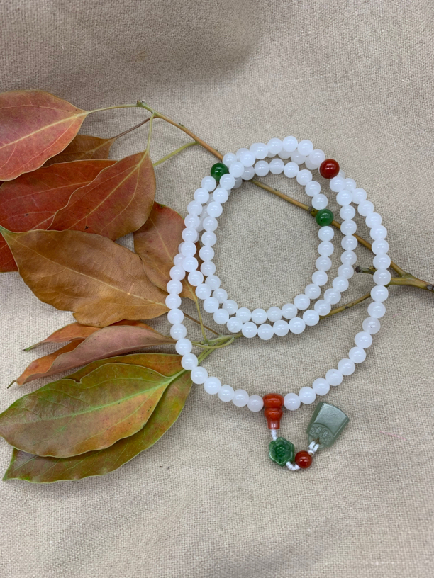 和田白玉108粒毛衣链、手串两用、配件南红