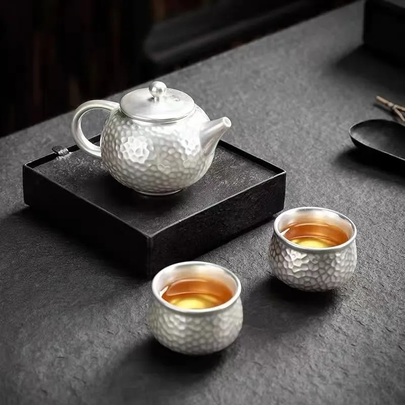 手工锤纹999纯银鎏银养生泡茶壶手作茶具礼品浮雕功夫西施大茶壶